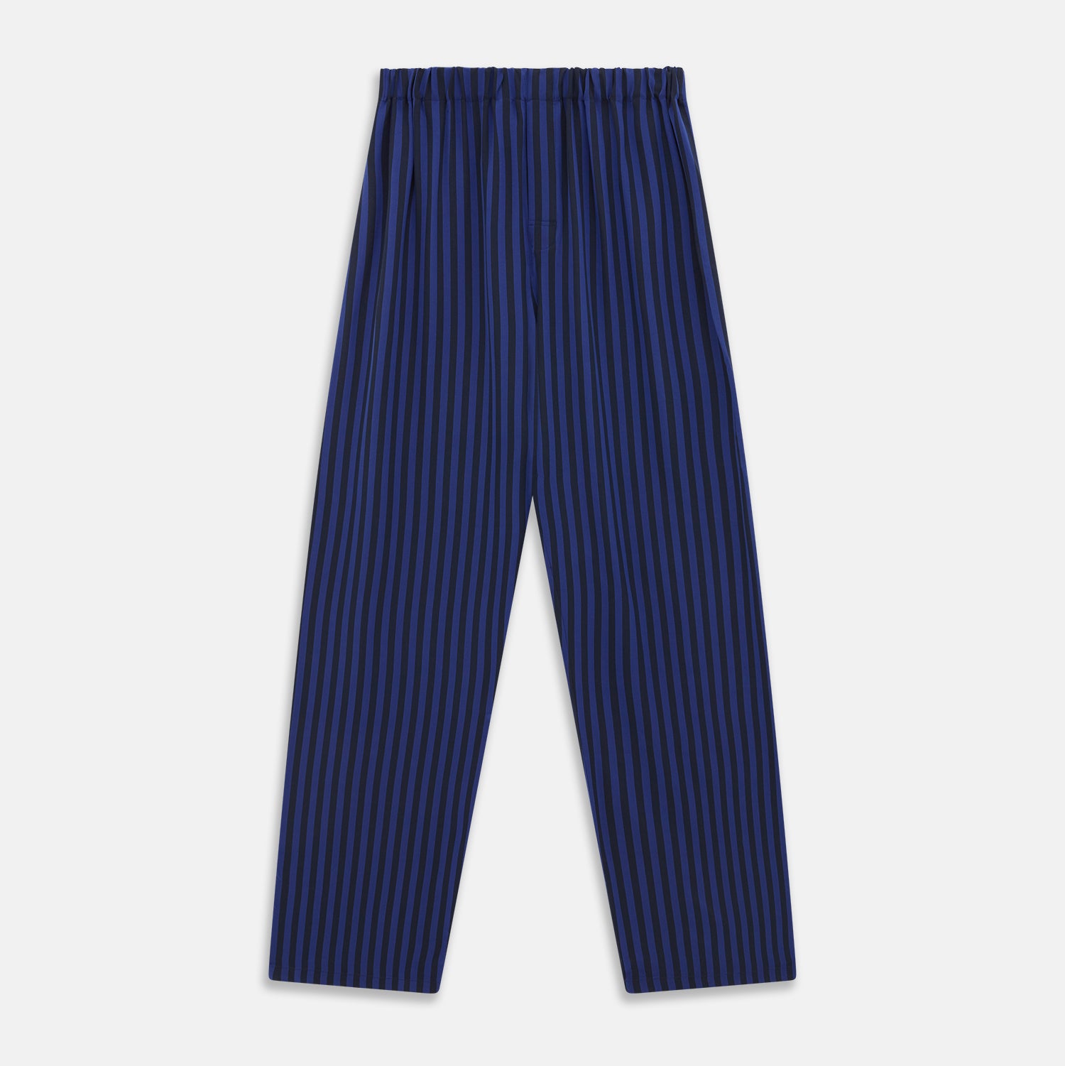 View 6 of product The Turnbull & Asser Blue and Navy Candy Stripe Silk Hyde Pyjamas Set features a long-sleeve button-up top with a chest pocket and elastic-waist pants, shown on a plain white background.