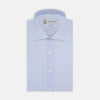 View 1 of product Displayed on a plain white background, the Turnbull & Asser Tailored Fit Two-Fold 120 Light Blue Cotton Shirt features a kent collar, double cuffs, and white buttons. The label inside highlights its Jermyn Street, London origin.