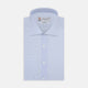 Displayed on a plain white background, the Turnbull & Asser Tailored Fit Two-Fold 120 Light Blue Cotton Shirt features a kent collar, double cuffs, and white buttons. The label inside highlights its Jermyn Street, London origin.