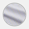 View 1 of product A close-up of Turnbull & Asser’s Purple Multi-stripe Cotton Fabric shows white fabric with thin blue, purple, and yellow vertical stripes in a circular frame on a light gray background.