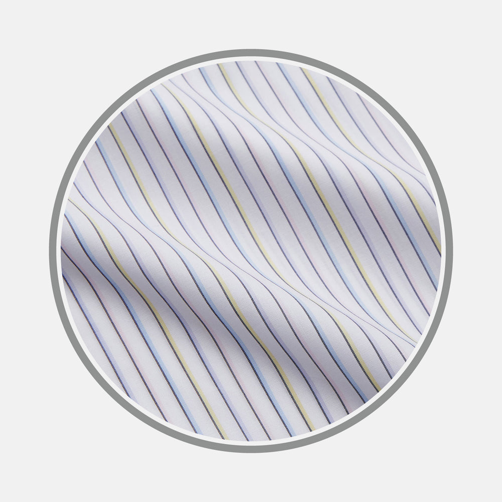 A close-up of Turnbull & Asser’s Purple Multi-stripe Cotton Fabric shows white fabric with thin blue, purple, and yellow vertical stripes in a circular frame on a light gray background.