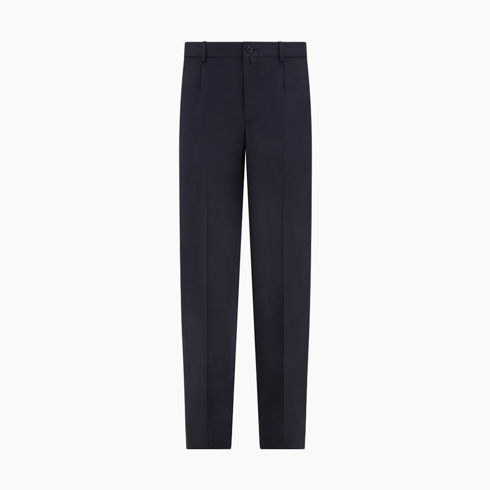 The Navy Rupert Trousers by Turnbull & Asser are tailored wool trousers with a button and zip closure, belt loops, and front creases, elegantly displayed against a plain white background.