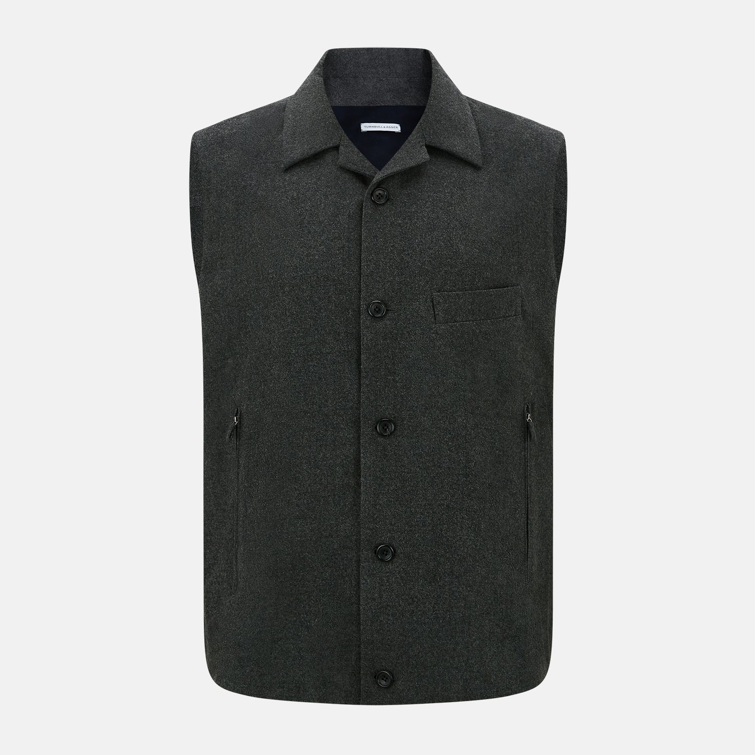 View 1 of product The Graphite Melange Collared Single-breasted Waistcoat by Turnbull & Asser features a dark gray hue, front buttons, collar, two zippered side pockets, and a chest pocket—perfect for winter. Shown on a plain white background.