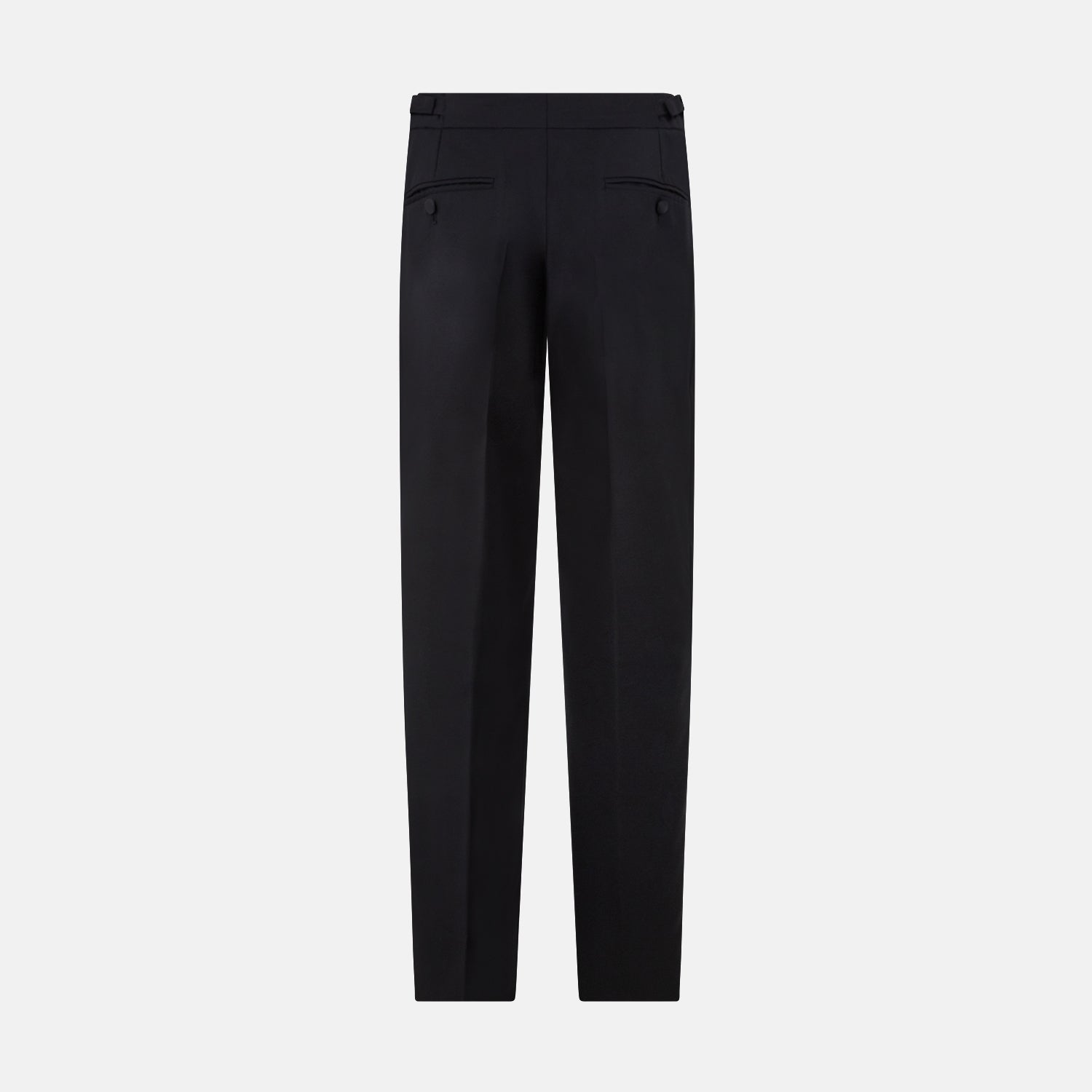 View 6 of product The Turnbull & Asser Black Single Breasted Dinner Suit features fine wool, a satin shawl collar jacket, and matching trousers—perfect formal wear, shown on a plain white background.