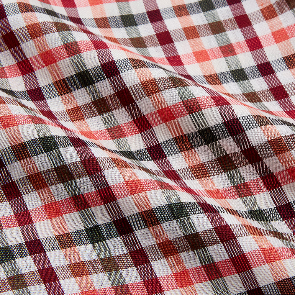 The Turnbull & Asser Red and Green Check Linen Blend Weekend Fit Hayne Shirt features a classic plaid pattern in red, white, black, and green, with a Dorset button-down collar and long sleeves. Displayed on a white background.