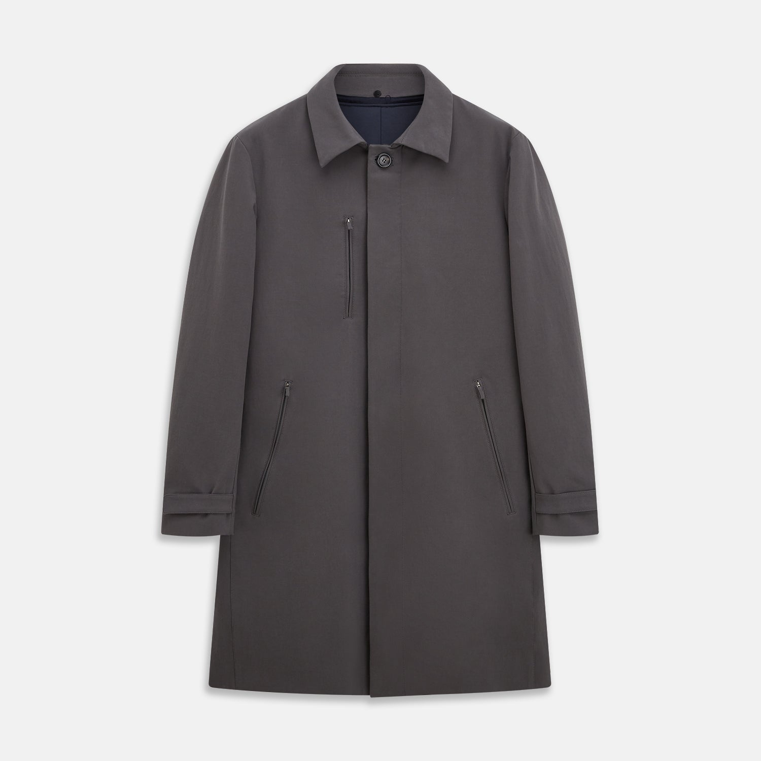 View 1 of product The Turnbull & Asser Charcoal Melange John Arthur Trench Coat, featuring a collar, single-breasted closure, and three zippered pockets—one chest and two at the hips—is shown against a plain white background.