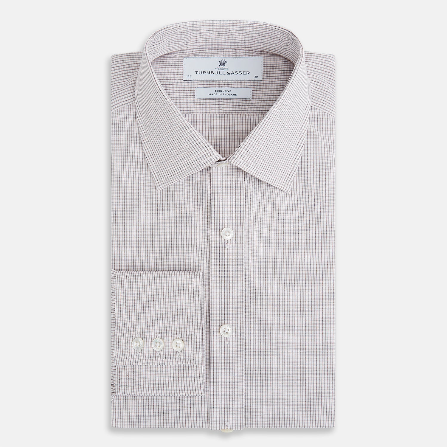 View 5 of product The Turnbull & Asser Burgundy Micro Tattersall Check Mayfair Shirt, crafted from Italian cotton with long sleeves, a button-down front, collar, and buttoned cuffs, is shown on a white background.