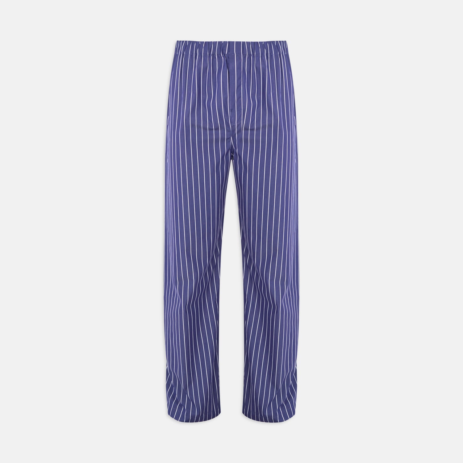 View 1 of product Turnbull & Asser Navy Stripe Modern Pyjama Trousers in superfine cotton with white stripes, elastic waistband, and relaxed fit, presented against a plain white background.
