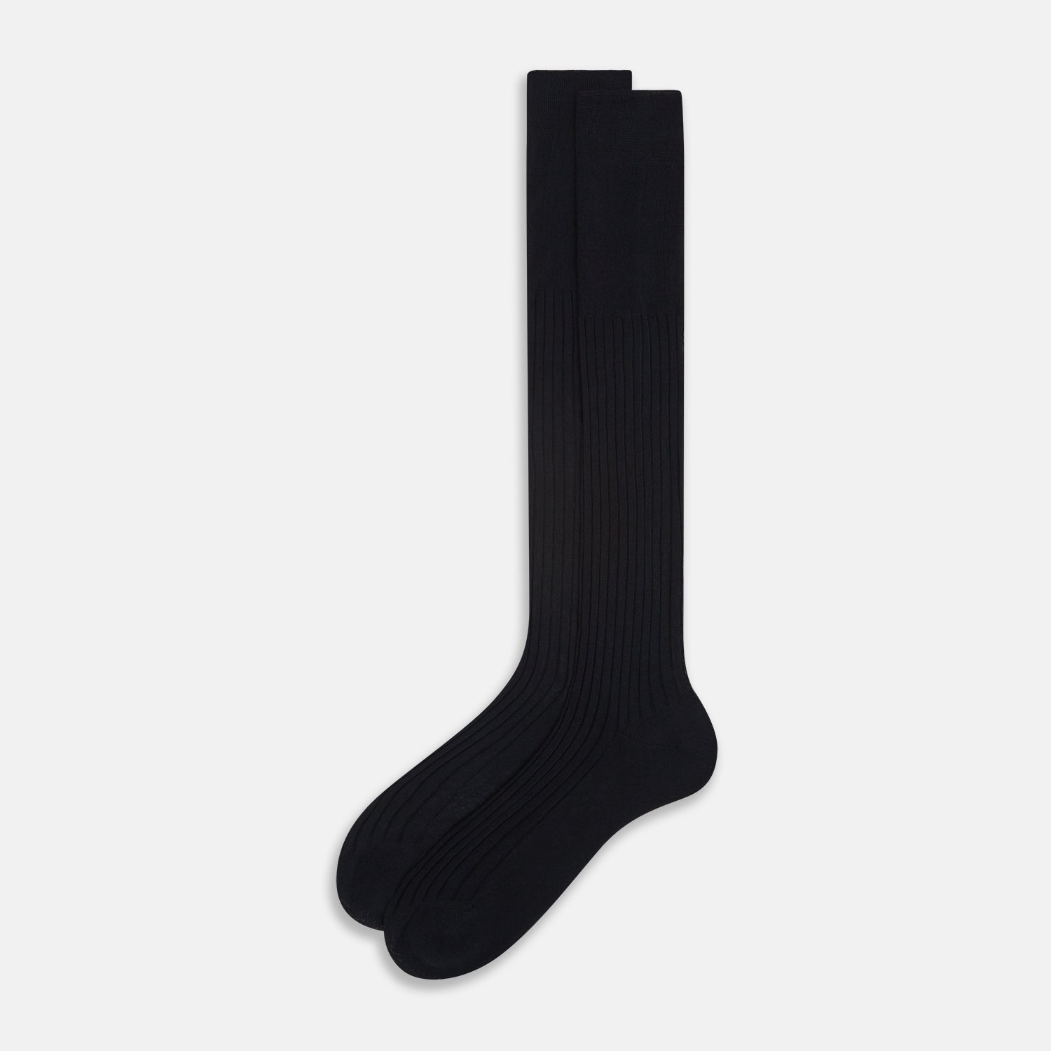 View 2 of product A single Midnight Blue Long Sock by Turnbull & Asser is shown on a white background, showcasing a ribbed texture and a fitted design that extends from the foot to the top of the calf.
