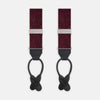 View 1 of product The Turnbull & Asser Burgundy Paisley Adjustable Silk Braces feature black leather loops and silver adjusters, shown on a plain white background.
