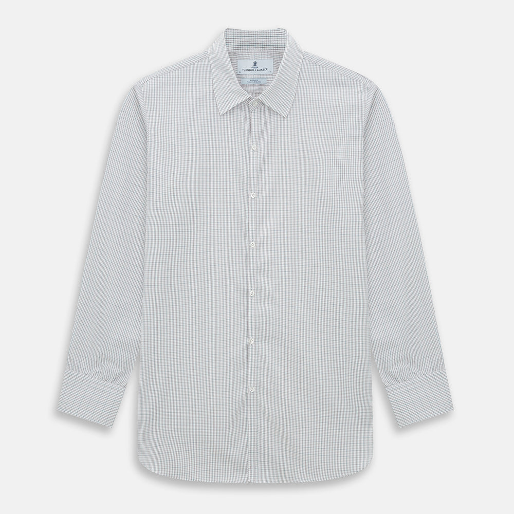 A long-sleeved, button-down BURGUNDY AND GREEN DOUBLE GRID CHECK WESTMINSTER SHIRT by Turnbull & Asser, featuring a classic collar and elegant check pattern—an outstanding piece of British craftsmanship.