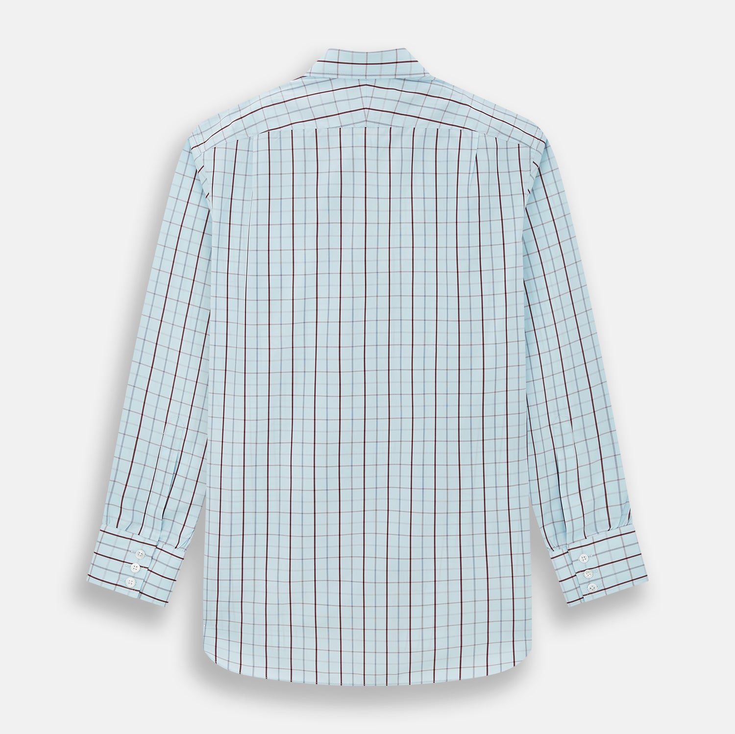 View 3 of product The Turnbull & Asser Burgundy Combination Check Mayfair Shirt is a long-sleeve button-up dress shirt with a check pattern, ideal for formal wear and shown on a plain white background.