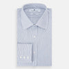 View 5 of product The Blue Ticking Pinstripe Mayfair Shirt by Turnbull & Asser features long sleeves, a button-down front, and classic T&A collar, shown on a plain white background.