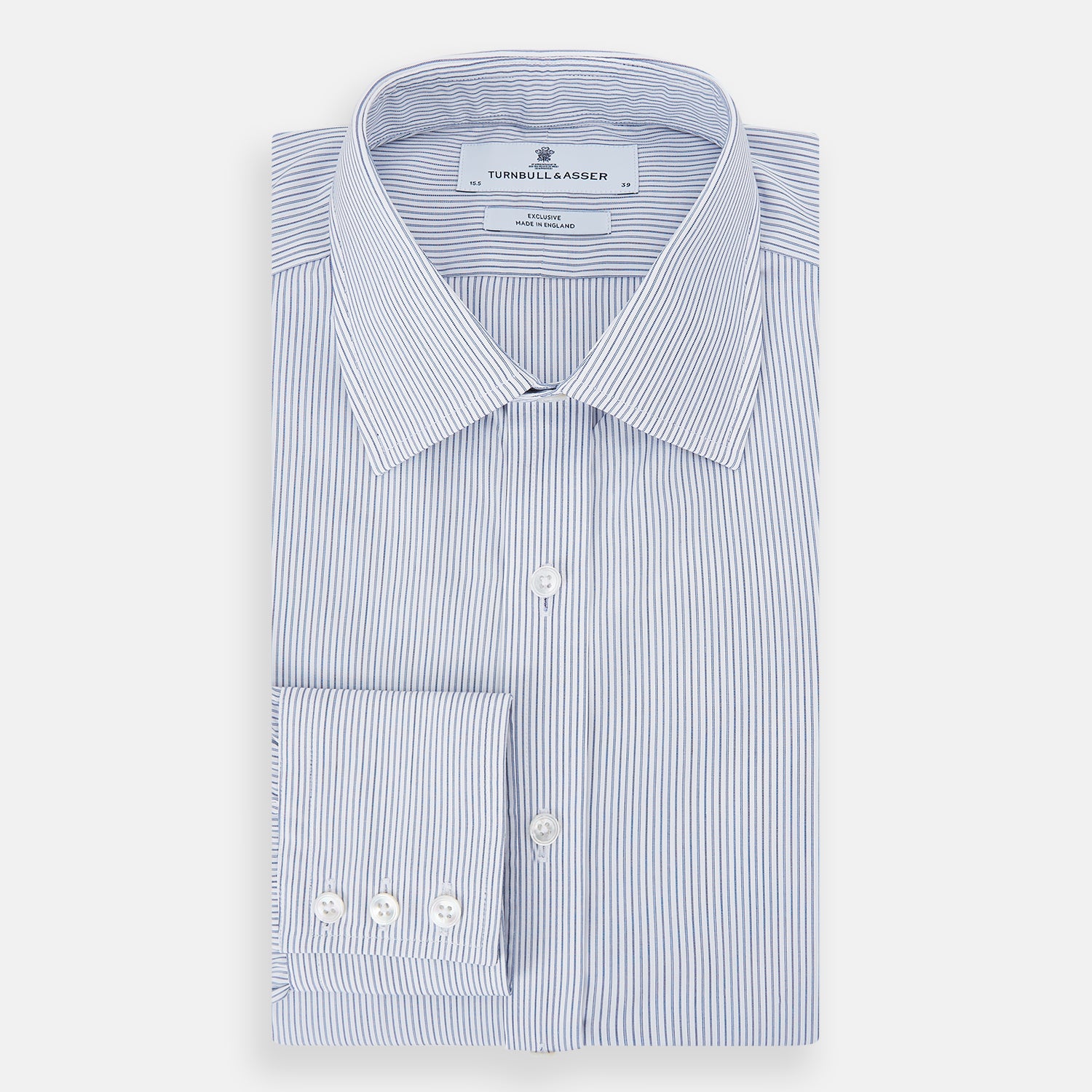View 5 of product The Blue Ticking Pinstripe Mayfair Shirt by Turnbull & Asser features long sleeves, a button-down front, and classic T&A collar, shown on a plain white background.