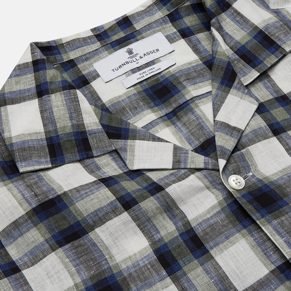 A Green Multi Check Linen Holiday Fit Winnington Shirt by Turnbull & Asser, featuring a check pattern and revere collar, displayed flat on a white background.