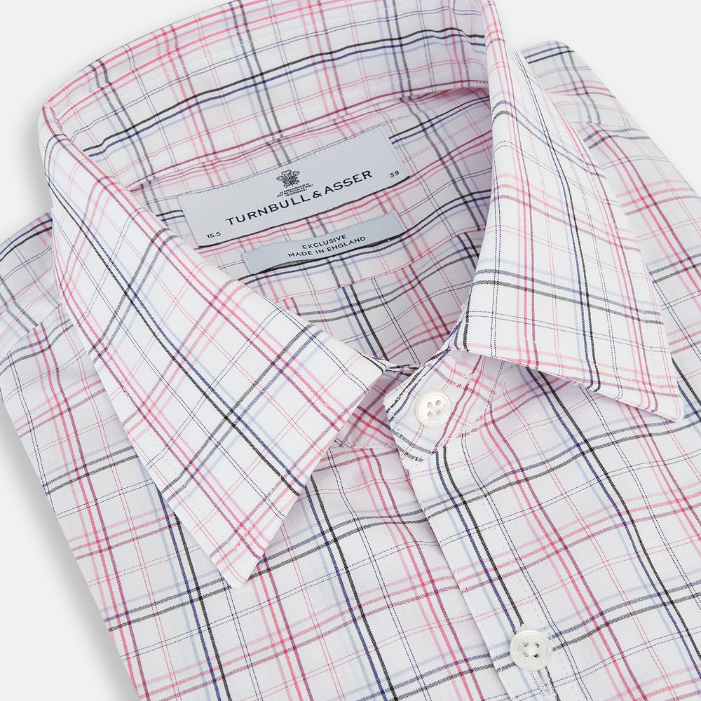 The Purple and Blue Multi Check Westminster Shirt by Turnbull & Asser features a refined plaid pattern, long sleeves, and button-up design—displayed flat to showcase hallmark British craftsmanship.