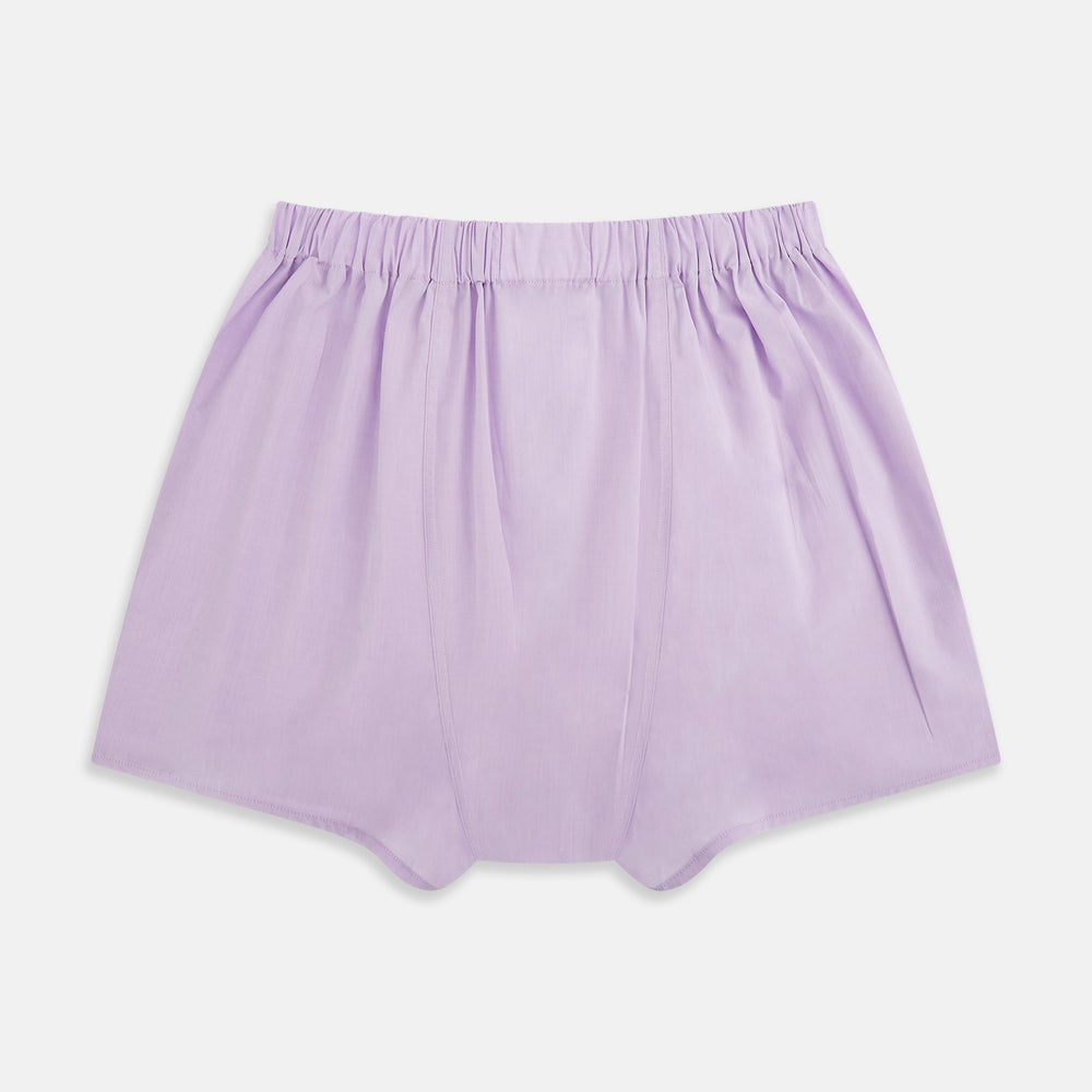 Turnbull & Asser Plain Lilac Godfrey Boxer Shorts, crafted from Italian cotton with a loose fit and elastic waistband, are displayed flat on a white background—offering a simple design suited to the modern gentleman.