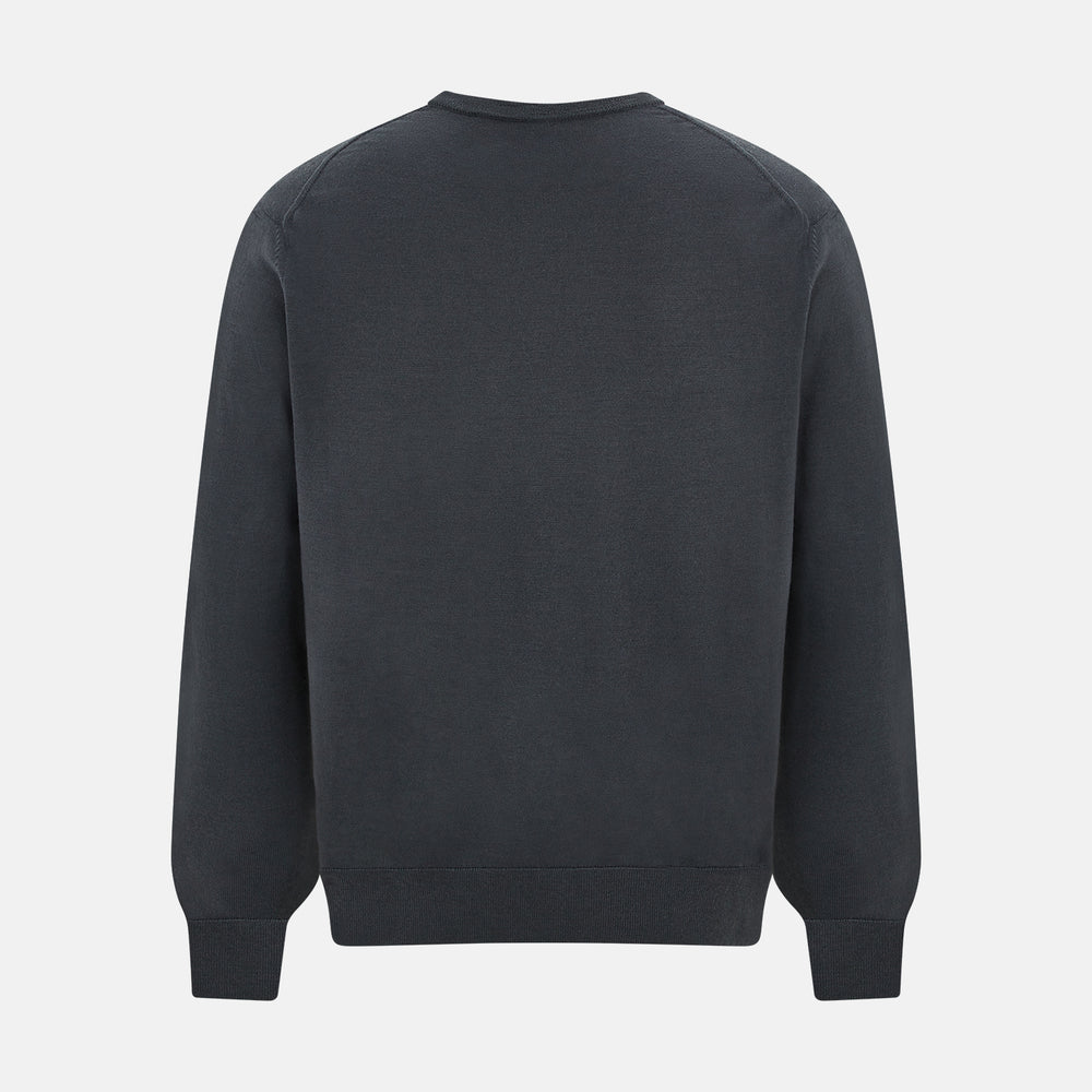 The Turnbull & Asser Charcoal Grey Merino V-Neck Jumper is shown against a white background, featuring long sleeves, a relaxed fit, and ribbed cuffs and hem for comfort.