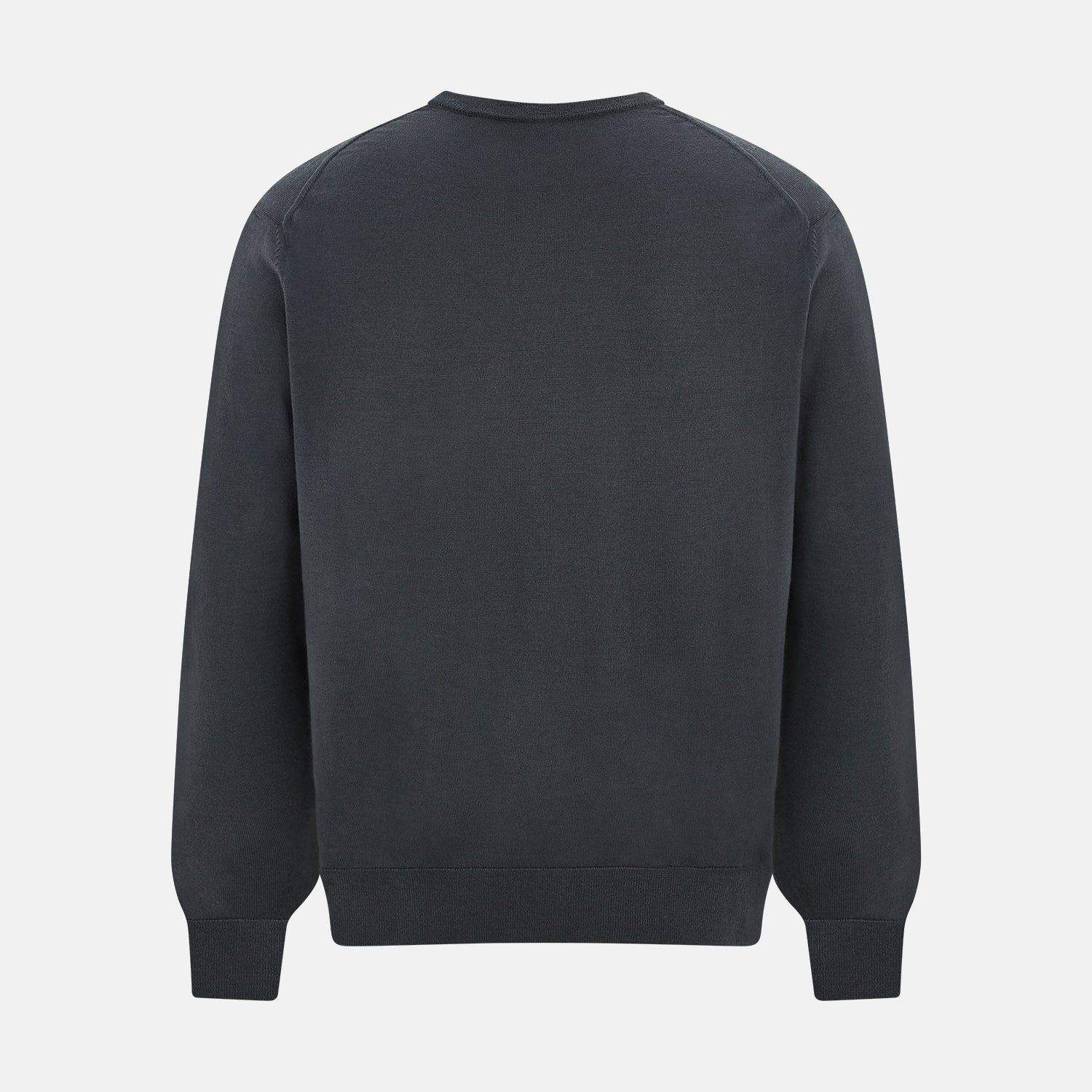 View 3 of product The Turnbull & Asser Charcoal Grey Merino V-Neck Jumper is shown against a white background, featuring long sleeves, a relaxed fit, and ribbed cuffs and hem for comfort.
