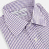 View 2 of product The Turnbull & Asser Purple Double Graph Check Mayfair Shirt is a long-sleeved, button-up dress shirt with a T&A collar and small blue and white check pattern, shown against a white background.