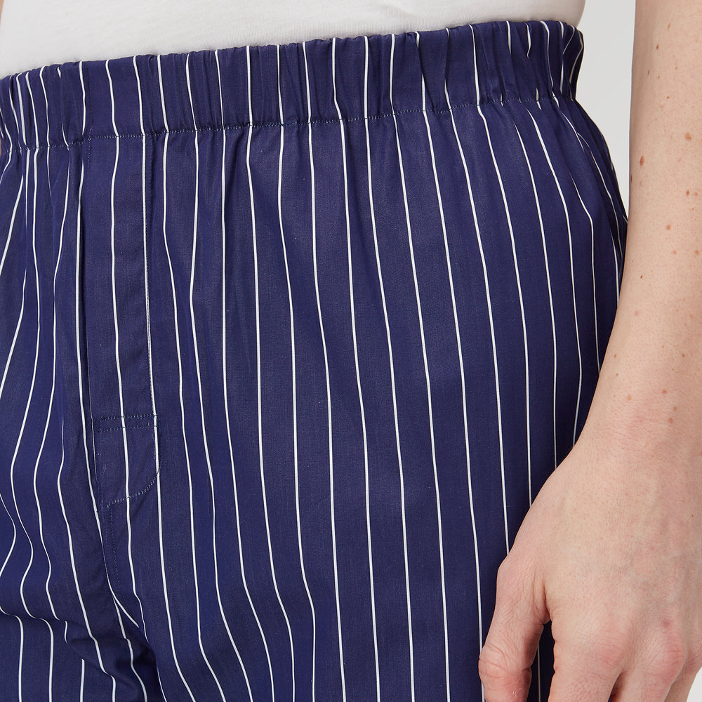 Turnbull & Asser Navy Stripe Modern Pyjama Trousers in superfine cotton with white stripes, elastic waistband, and relaxed fit, presented against a plain white background.