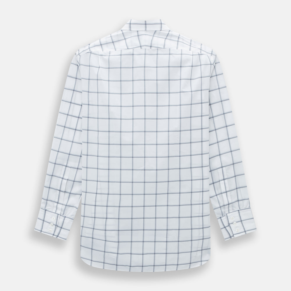 The Turnbull & Asser Grey Grid Check Mayfair Shirt features a classic collar and buttoned cuffs, crafted from fine Italian cotton with a grey grid check on white, and is shown against a plain white background.