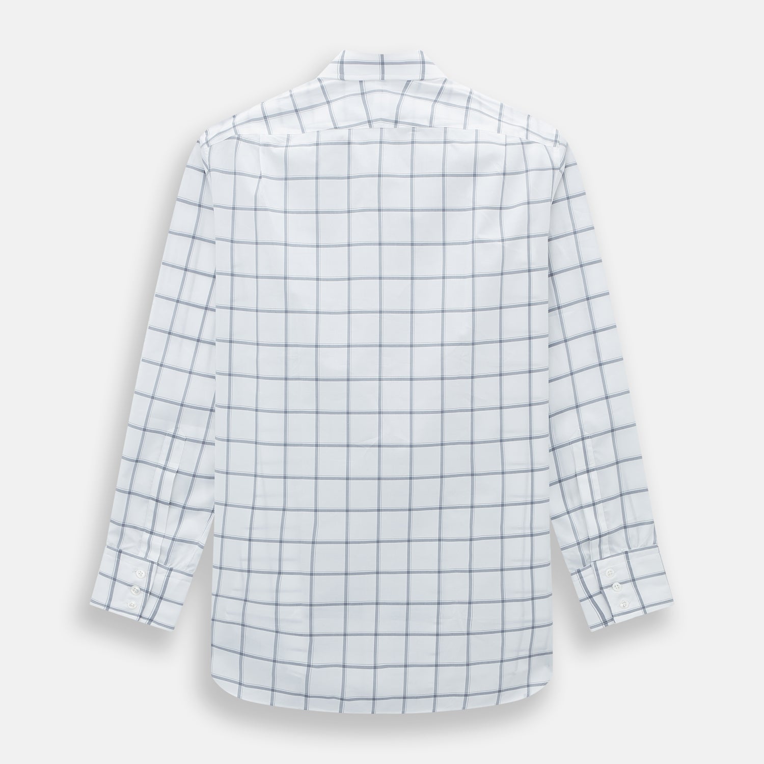 View 3 of product The Turnbull & Asser Grey Grid Check Mayfair Shirt features a classic collar and buttoned cuffs, crafted from fine Italian cotton with a grey grid check on white, and is shown against a plain white background.