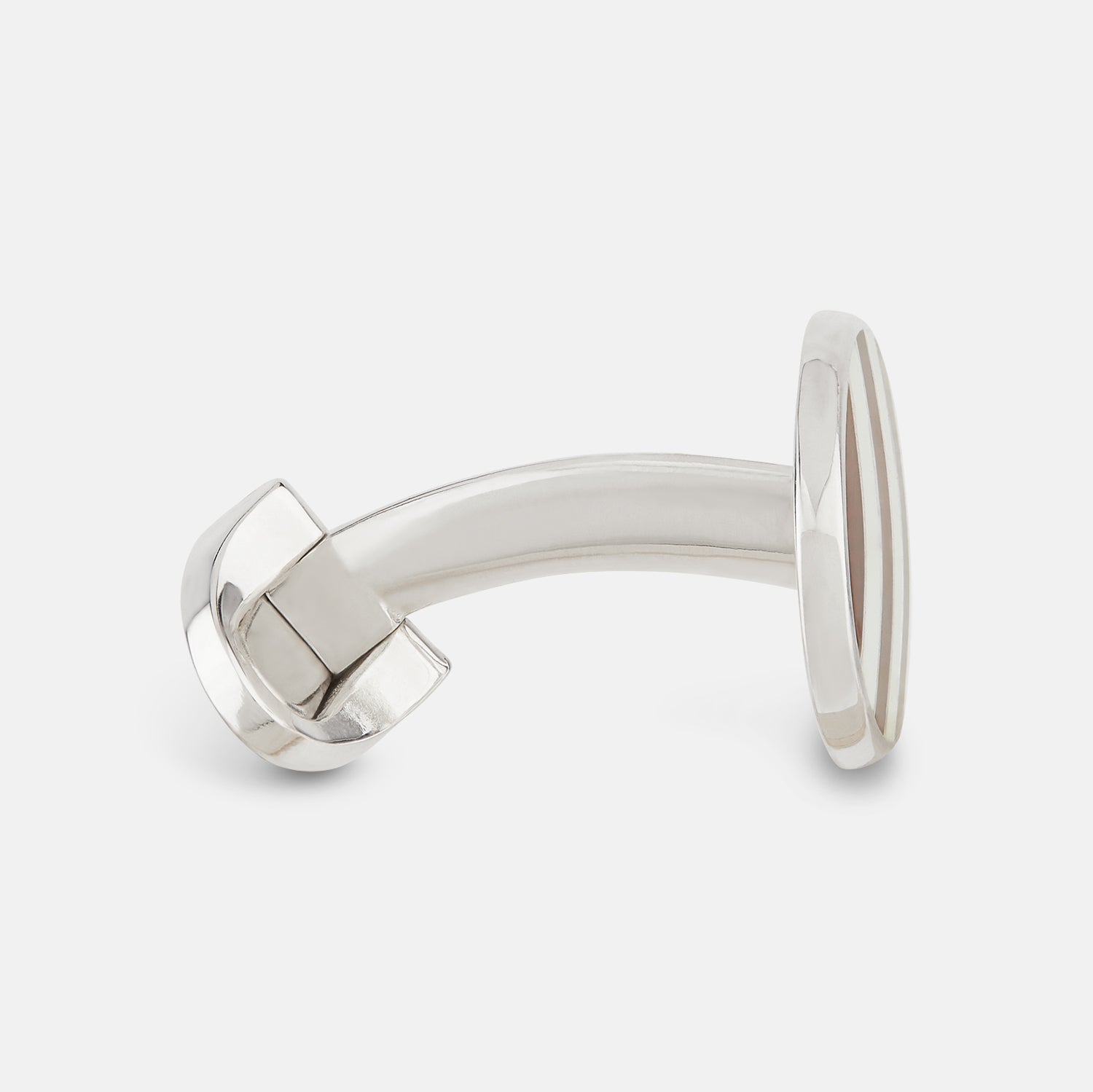 View 2 of product Turnbull & Asser's Burgundy and White Striped Oval Enamel Cufflinks feature a diagonal pattern in silver, embodying masculine elegance.