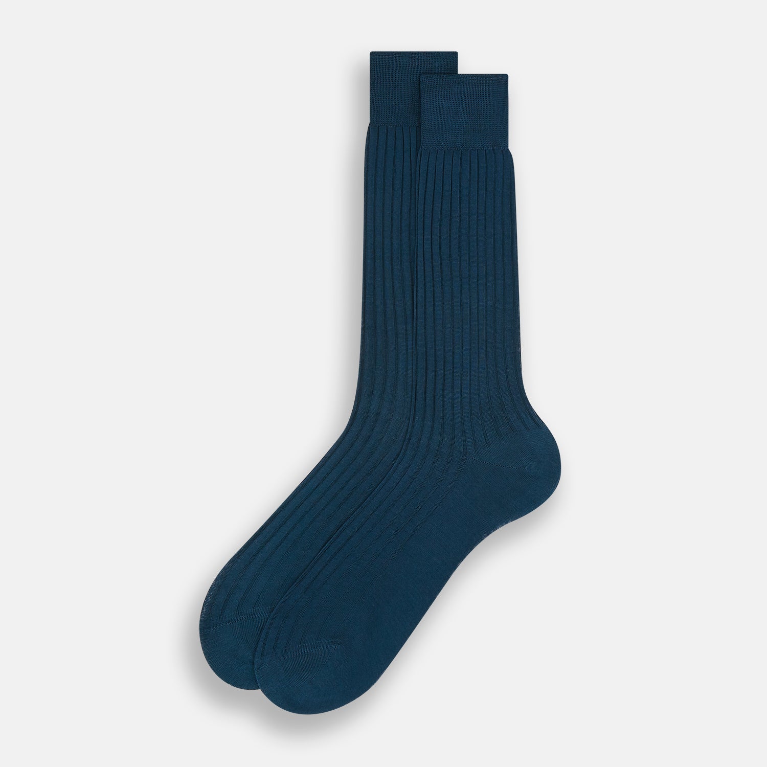View 2 of product A single Turnbull & Asser Petrol Mid-Length Sock, made from mercerised Egyptian cotton, is displayed at an angle on a white background, showcasing its ribbed texture and premium comfort.
