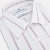 View 2 of product The Turnbull & Asser Antique Pink Track Stripe Mayfair Shirt is a white, long-sleeved Italian cotton shirt with vertical pink stripes, a spread collar, and buttoned cuffs, shown laid flat on a white background.