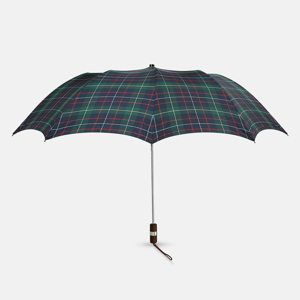 The Colquhoun Tartan Telescopic Umbrella by Turnbull & Asser features a green, blue, and red plaid canopy, silver metal shaft, and brown maple handle with wrist strap. Shown fully open against a plain white background.