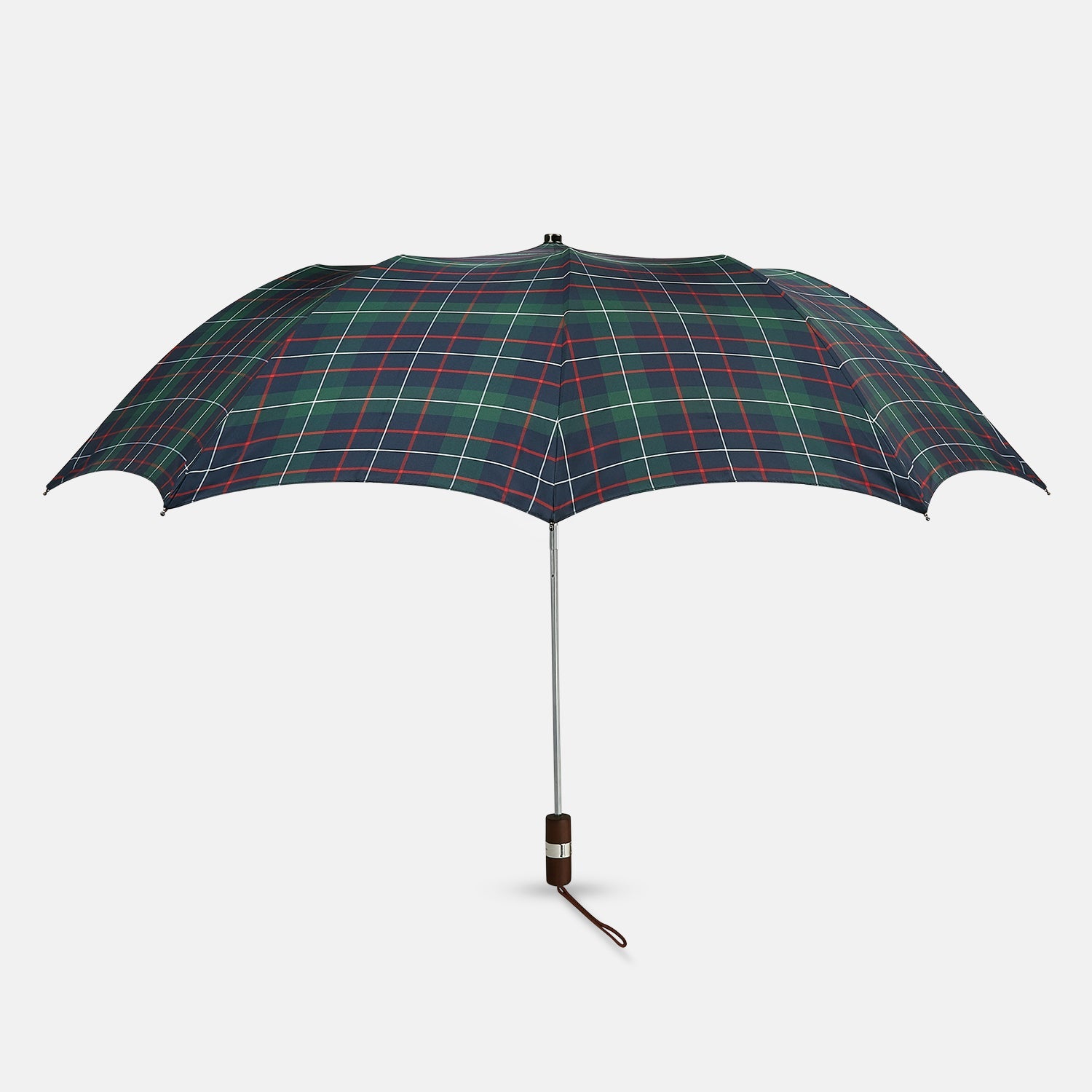 View 1 of product The Colquhoun Tartan Telescopic Umbrella by Turnbull & Asser features a green, blue, and red plaid canopy, silver metal shaft, and brown maple handle with wrist strap. Shown fully open against a plain white background.