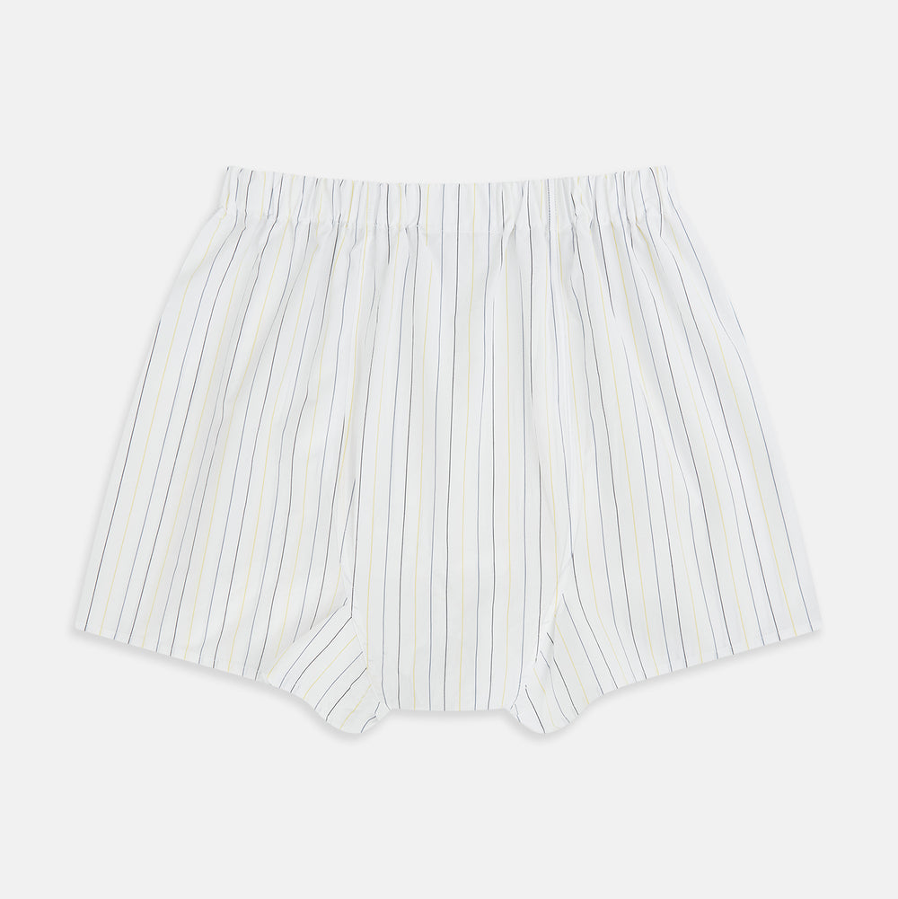 Turnbull & Asser's Yellow and Blue Double Stripe Godfrey Boxer Shorts are luxury men's underwear, made from premium Italian cotton with a loose fit, thin vertical blue and yellow stripes, and an elastic waistband on a white background.
