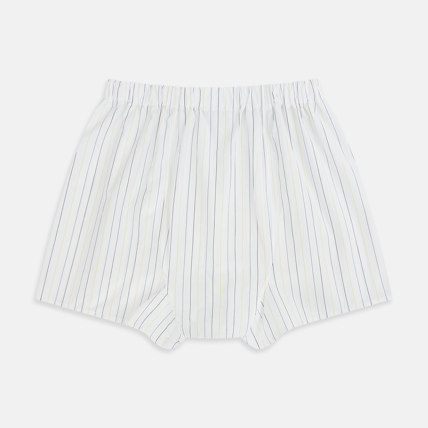 View 2 of product Turnbull & Asser's Yellow and Blue Double Stripe Godfrey Boxer Shorts are luxury men's underwear, made from premium Italian cotton with a loose fit, thin vertical blue and yellow stripes, and an elastic waistband on a white background.