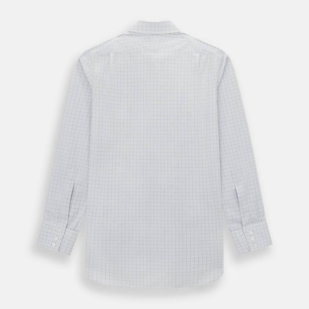 The Turnbull & Asser Navy and Blue Multi Grid Check Mayfair Shirt is a long-sleeve, button-up Italian cotton shirt with a collar and cuffs, featuring a blue grid check pattern, shown against a plain white background.