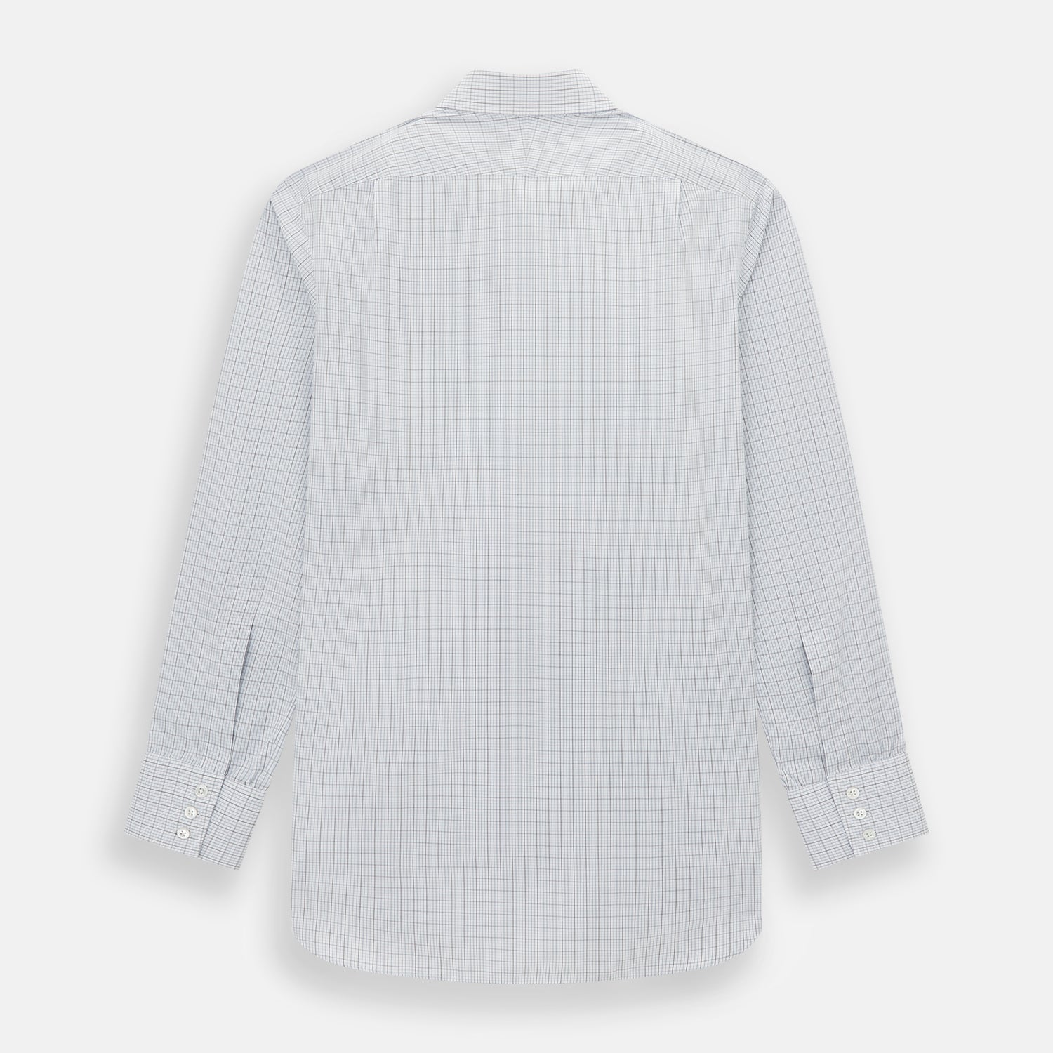 View 3 of product The Turnbull & Asser Navy and Blue Multi Grid Check Mayfair Shirt is a long-sleeve, button-up Italian cotton shirt with a collar and cuffs, featuring a blue grid check pattern, shown against a plain white background.