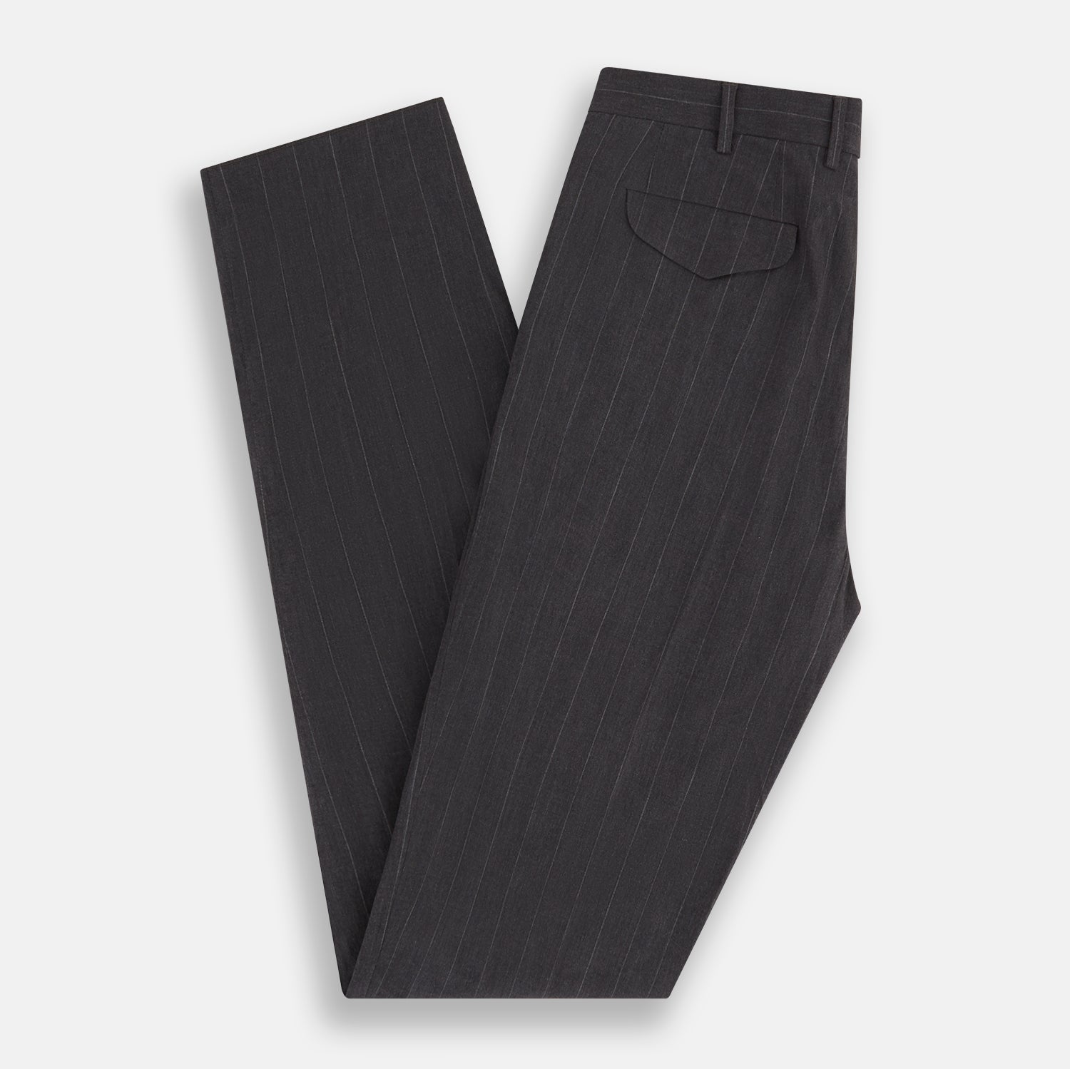 View 5 of product Turnbull & Asser’s Dark Chocolate Striped Edmund trousers feature straight-cut legs, a relaxed fit, button closure, and belt loops. These cotton trousers display subtle vertical stripes against a plain white background.