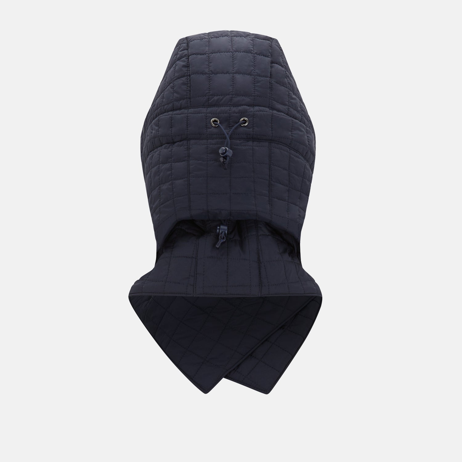 View 4 of product The Turnbull & Asser Navy Quilted Hood with Neck Warmer features diamond pattern stitching, a structured hood, overlapping collar, and button closure, shown on a plain white background.