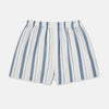 View 1 of product The Blue Blazer Stripe Godfrey Boxer Shorts by Turnbull & Asser are loose-fitting Italian cotton boxers with an elastic waistband and blue, white, and light pink vertical stripes, shown laid flat on a white background.