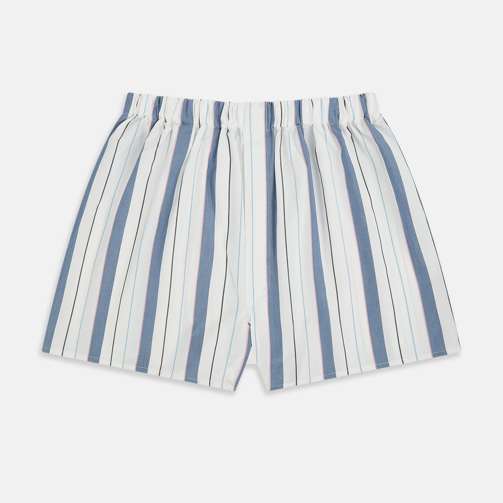 The Blue Blazer Stripe Godfrey Boxer Shorts by Turnbull & Asser are loose-fitting Italian cotton boxers with an elastic waistband and blue, white, and light pink vertical stripes, shown laid flat on a white background.