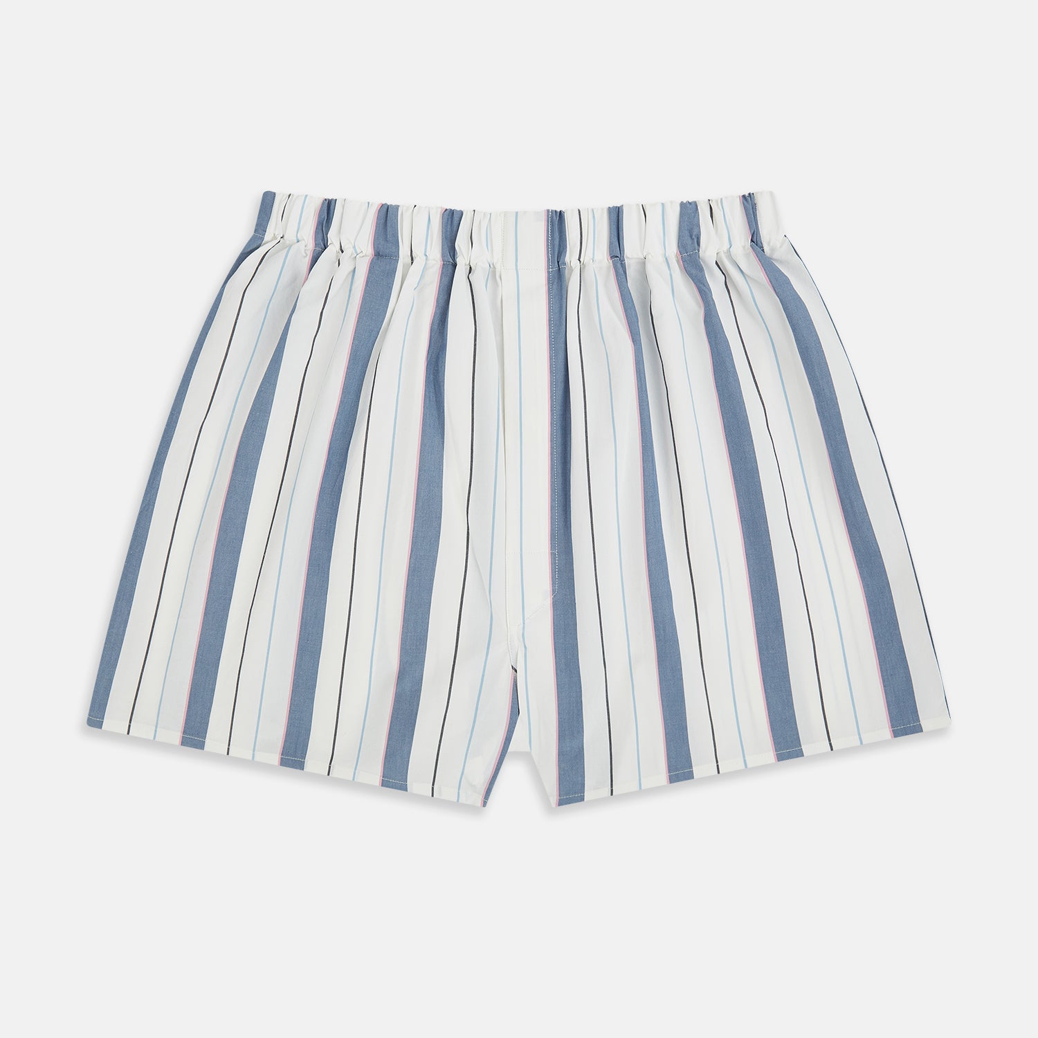 View 1 of product The Blue Blazer Stripe Godfrey Boxer Shorts by Turnbull & Asser are loose-fitting Italian cotton boxers with an elastic waistband and blue, white, and light pink vertical stripes, shown laid flat on a white background.