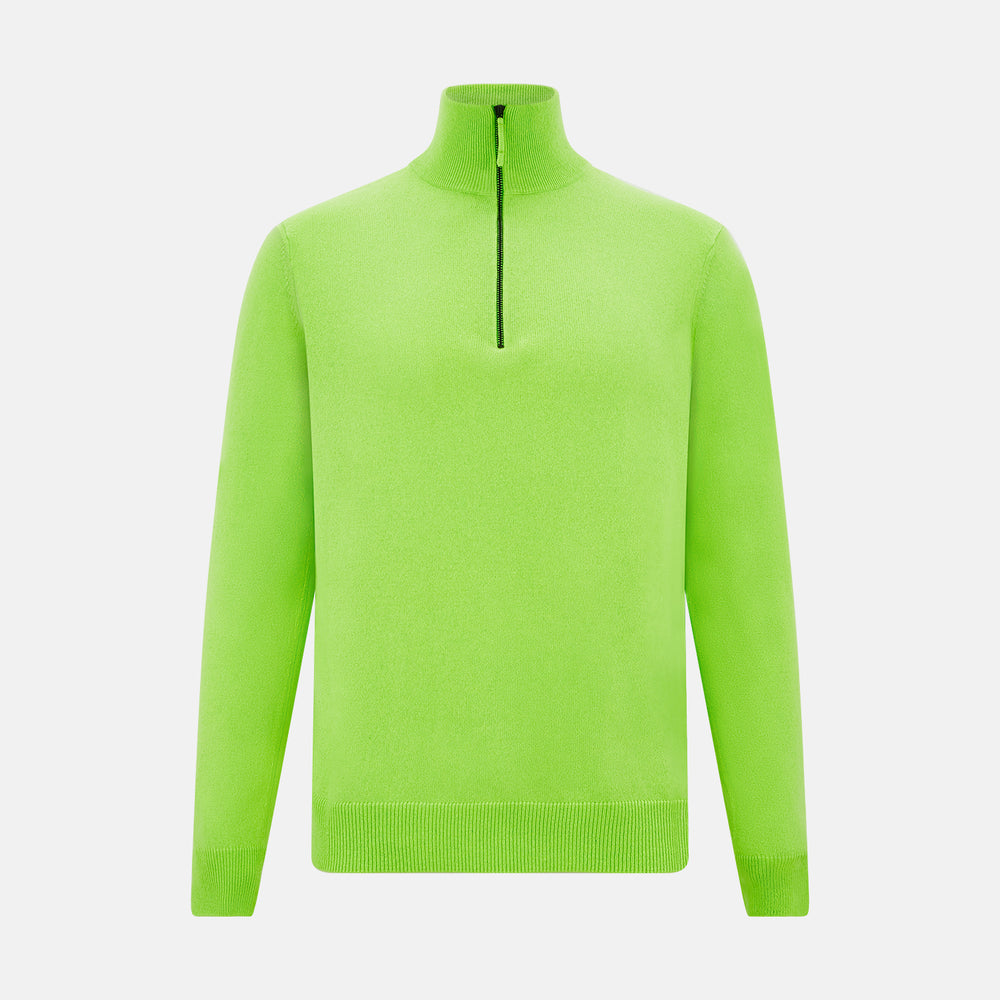 The Turnbull & Asser Neon Green Half-Zip Cashmere Jumper features long sleeves, a high collar, and front half-zip closure—ideal knitwear for bold style, shown on a white background.