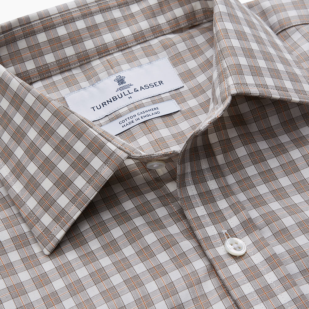 A grey and peach multi-check long-sleeve Cashmerello Finch Shirt by Turnbull & Asser, featuring a classic collar and white buttons, displayed on a white background. This stylish Weekend Fit shirt offers a refined look for summer.