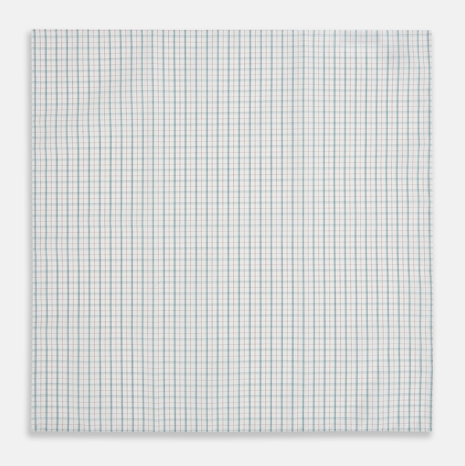View 3 of product The Turnbull & Asser Green Multi Graph Check Hand-Rolled Handkerchief features a graph check pattern with thin colorful lines forming small squares, hand-rolled edges, and is laid flat against a white background.