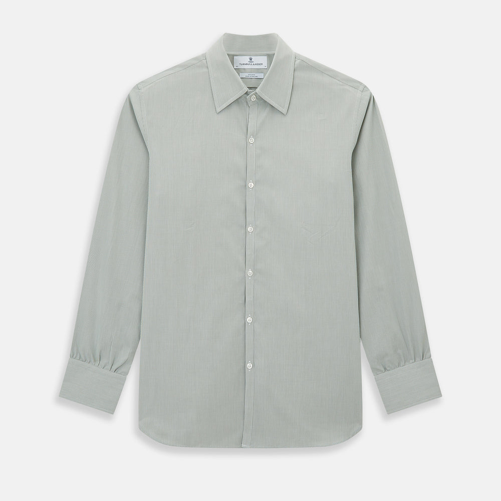 A dark green micro graph check Westminster shirt by Turnbull & Asser, featuring fine British craftsmanship, a Turnbull collar, and white buttons, is laid flat on a white background.