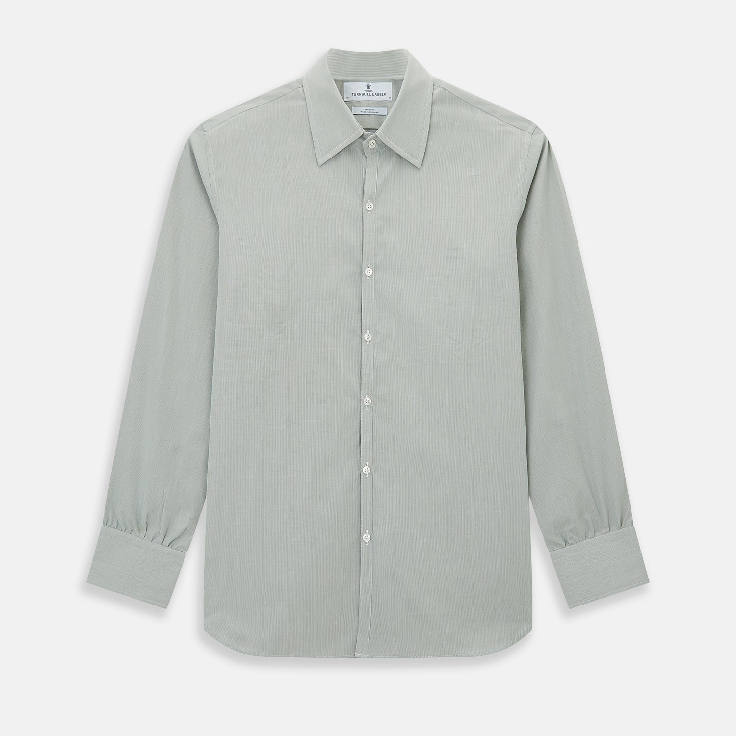 View 1 of product A dark green micro graph check Westminster shirt by Turnbull & Asser, featuring fine British craftsmanship, a Turnbull collar, and white buttons, is laid flat on a white background.
