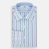 View 5 of product The Turnbull & Asser Burgundy Wide Pinstripe Mayfair Shirt features a collared, long-sleeve design with bold vertical stripes, crafted in the refined Mayfair fit and displayed on a plain white background.