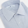 View 2 of product The Blue Ticking Pinstripe Mayfair Shirt by Turnbull & Asser features long sleeves, a button-down front, and classic T&A collar, shown on a plain white background.