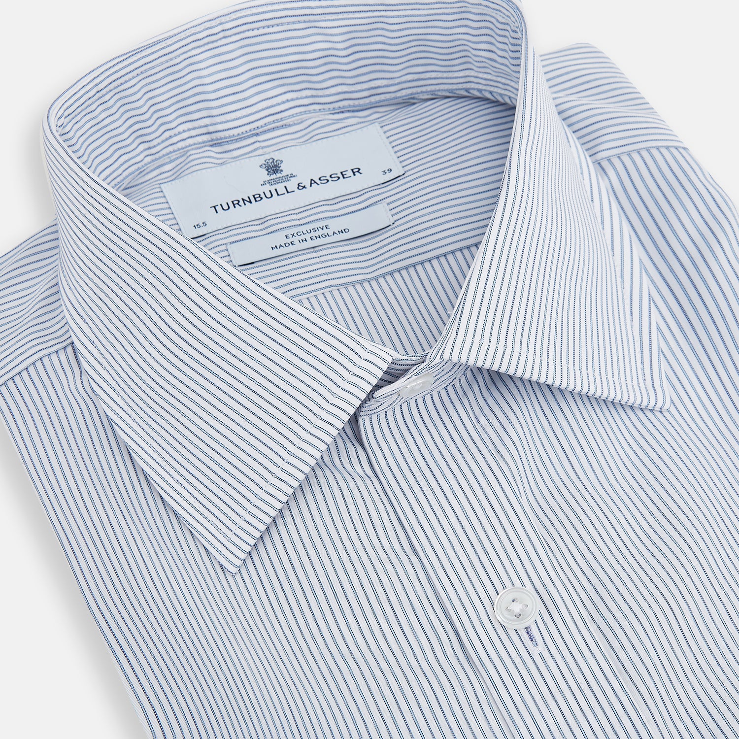 View 2 of product The Blue Ticking Pinstripe Mayfair Shirt by Turnbull & Asser features long sleeves, a button-down front, and classic T&A collar, shown on a plain white background.
