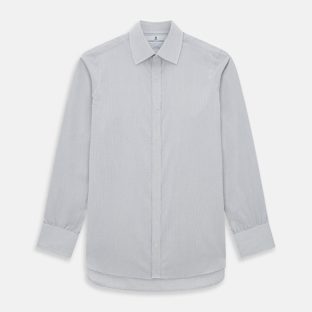 A tailored-fit Turnbull & Asser Mayfair Shirt in midnight blue with a grid check pattern, spread collar, and buttoned cuffs, crafted from premium Italian cotton and laid flat on a white background.